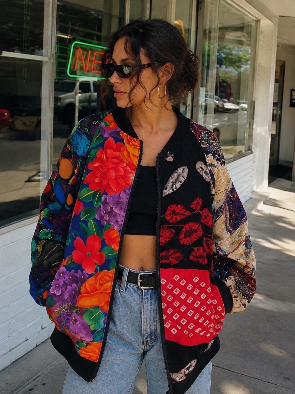 Vintage Jams World Bomber Jacket Mens Womens One Size OS Patchwork Floral Hawaii